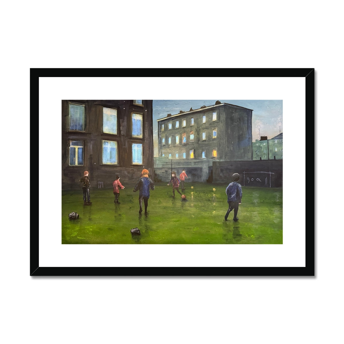 Black framed soccer art print of kids playing at night on grassy field by Time Art Prints