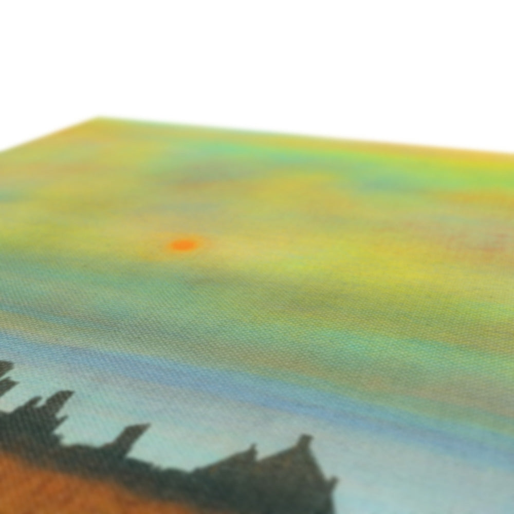 Dunnottar Castle dusk canvas print: orange sun with yellow rays in colorful sky