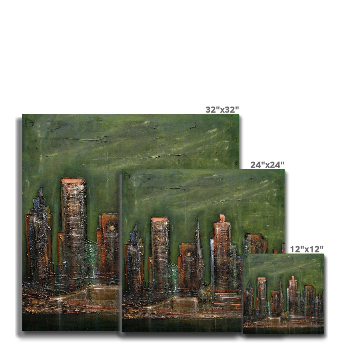 32x32 inch Neon New York canvas with textured green background and metallic buildings