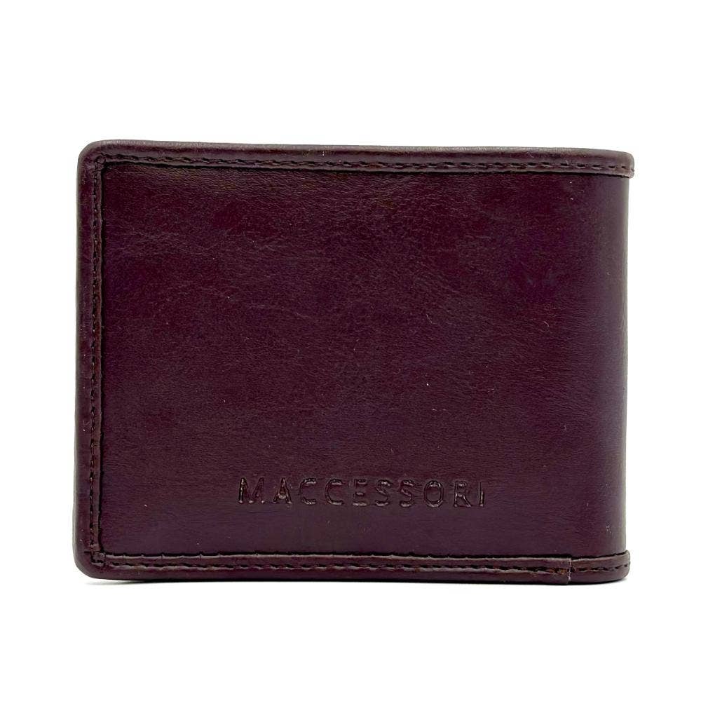 A dark burgundy leather Harris Tweed bifold wallet with textured finish and maccessori embossed branding