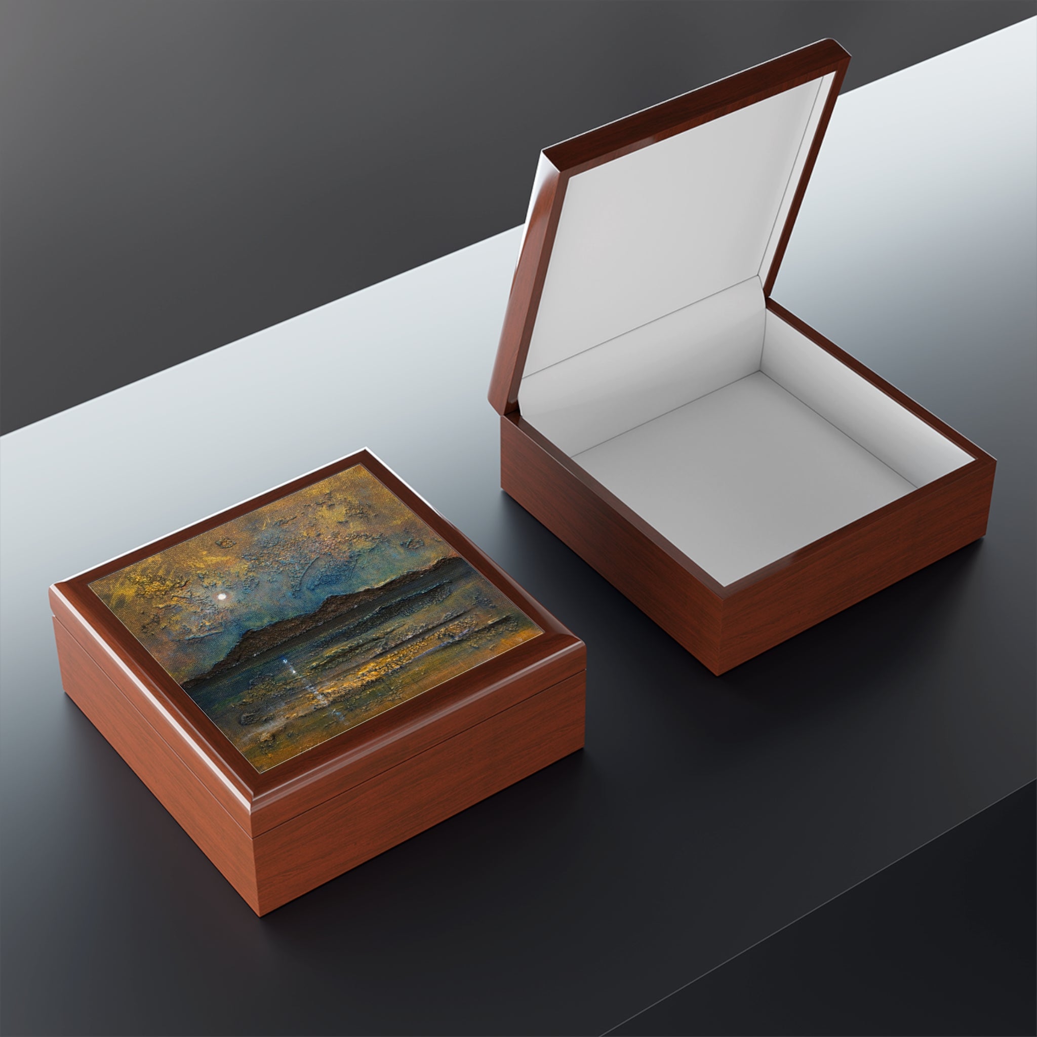 Arran Moonlight brown leather jewellery box with painted landscape lid