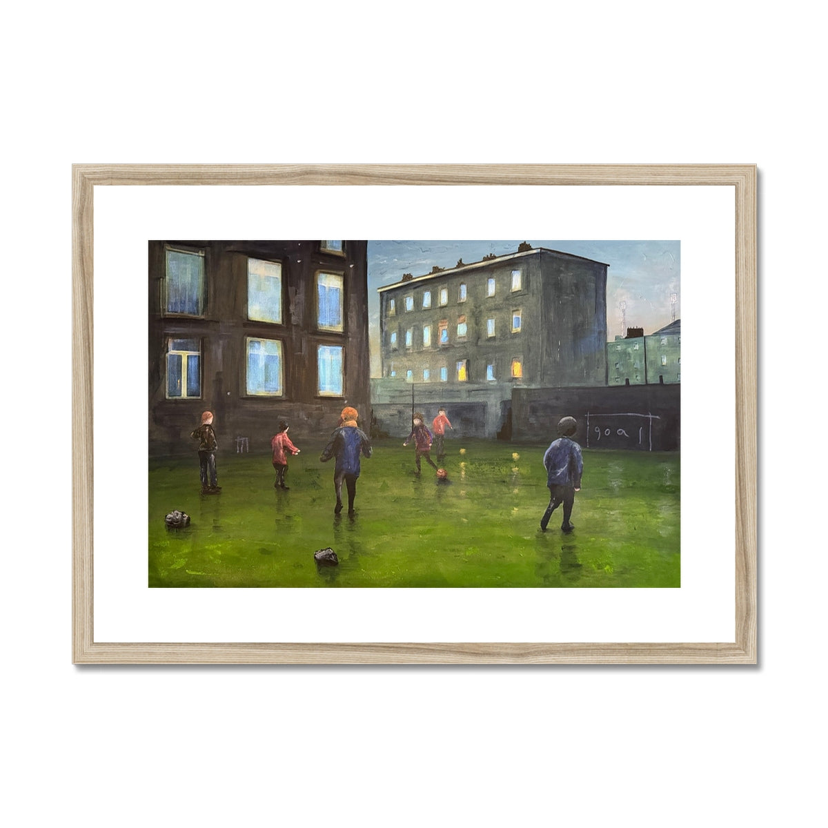 Wooden-framed soccer field print with children playing by Time Art Prints