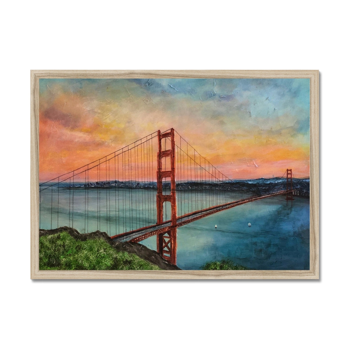 The Golden Gate Bridge Painting | Framed Prints From Scotland-Framed Prints-World Art Gallery-A2 Landscape-Natural Frame-Paintings, Prints, Homeware, Art Gifts From Scotland By Scottish Artist Kevin Hunter