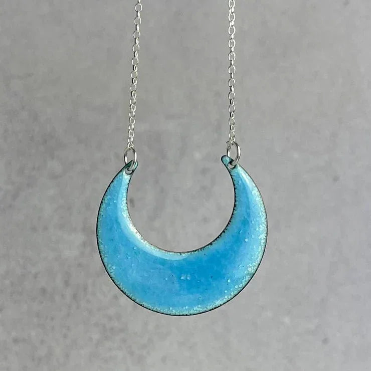 Turquoise crescent moon enamel pendant on silver chain