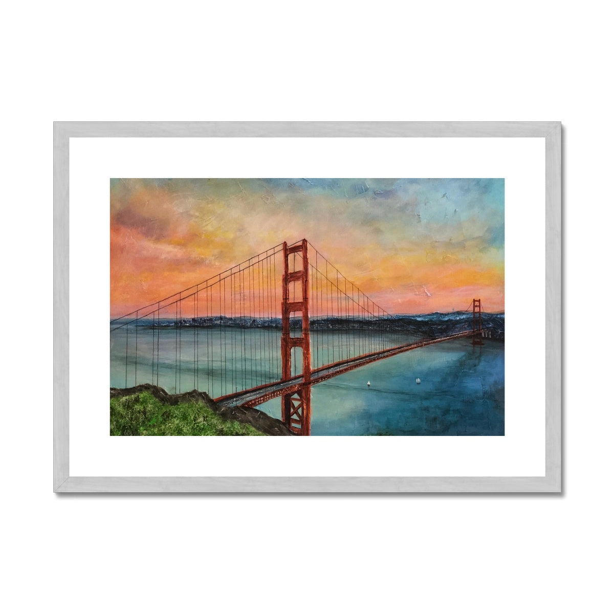 The Golden Gate Bridge Painting | Antique Framed & Mounted Prints From Scotland-Antique Framed & Mounted Prints-World Art Gallery-A2 Landscape-Silver Frame-Paintings, Prints, Homeware, Art Gifts From Scotland By Scottish Artist Kevin Hunter