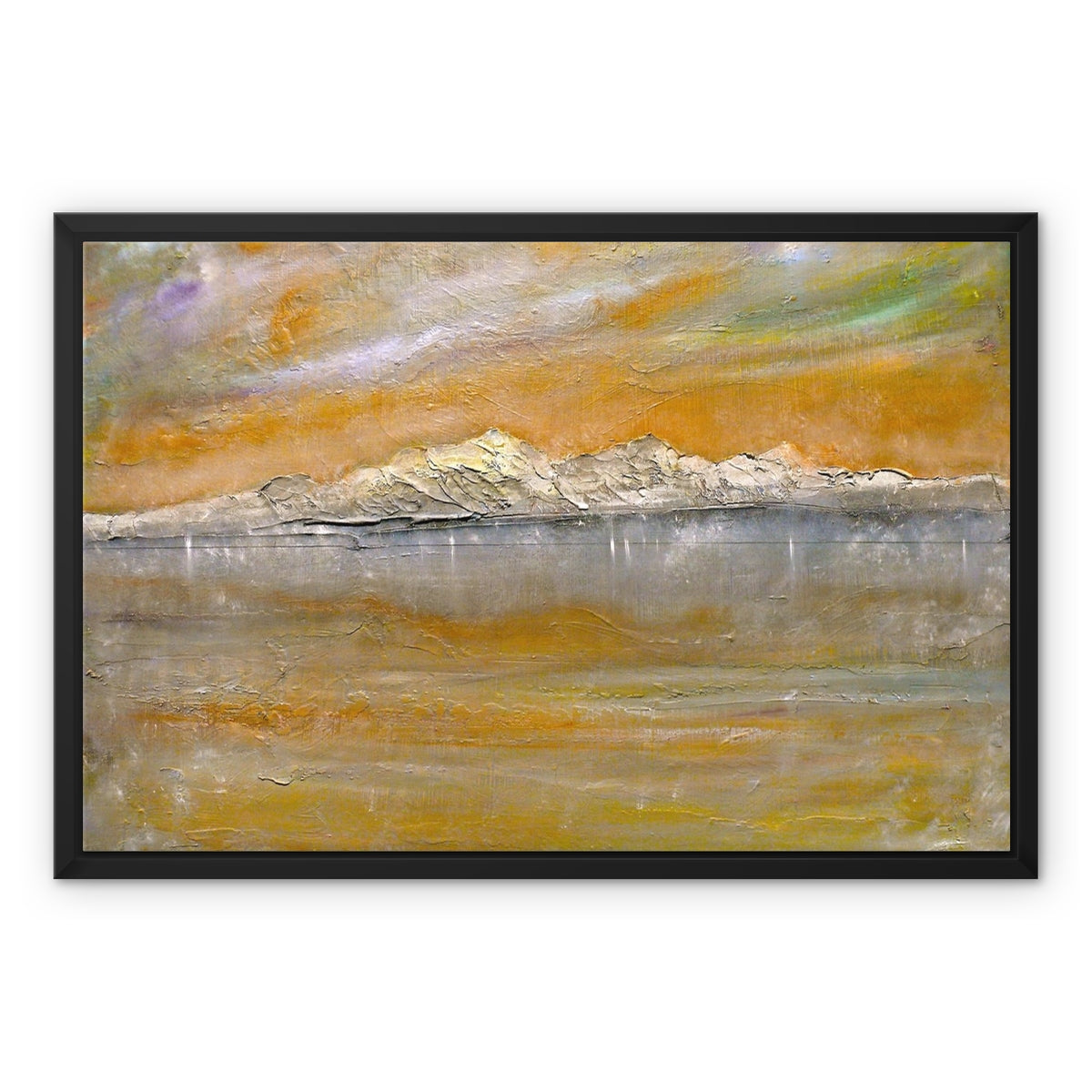 Arran Snow Painting | Framed Canvas From Scotland-Floating Framed Canvas Prints-Arran Art Gallery-24"x18"-Black Frame-Paintings, Prints, Homeware, Art Gifts From Scotland By Scottish Artist Kevin Hunter