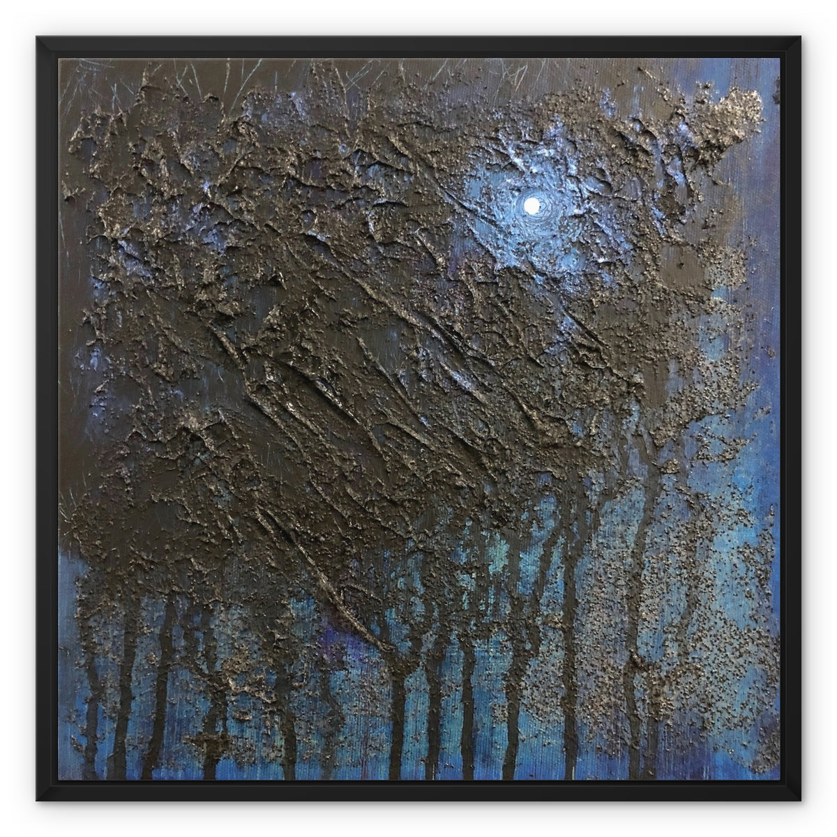 The Blue Moon Wood Abstract Painting | Framed Canvas From Scotland-Floating Framed Canvas Prints-Abstract & Impressionistic Art Gallery-24"x24"-Black Frame-Paintings, Prints, Homeware, Art Gifts From Scotland By Scottish Artist Kevin Hunter
