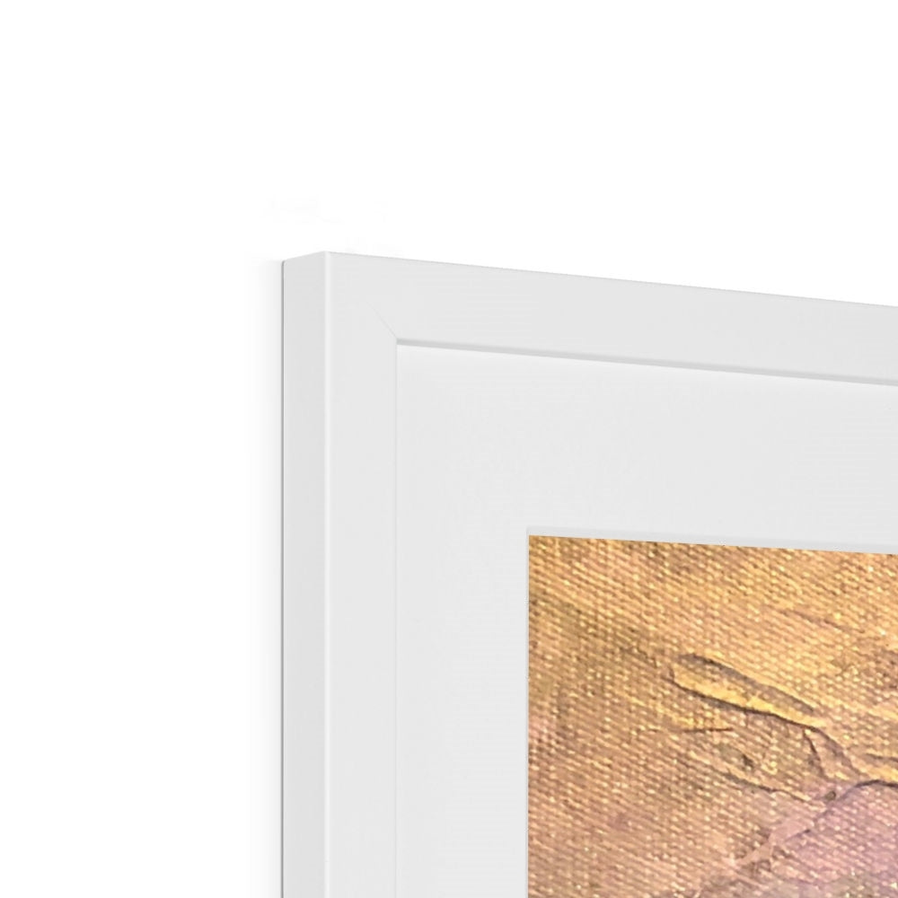 White framed abstract Dubh Ridge Moonlight art print with textured golden peachy hues
