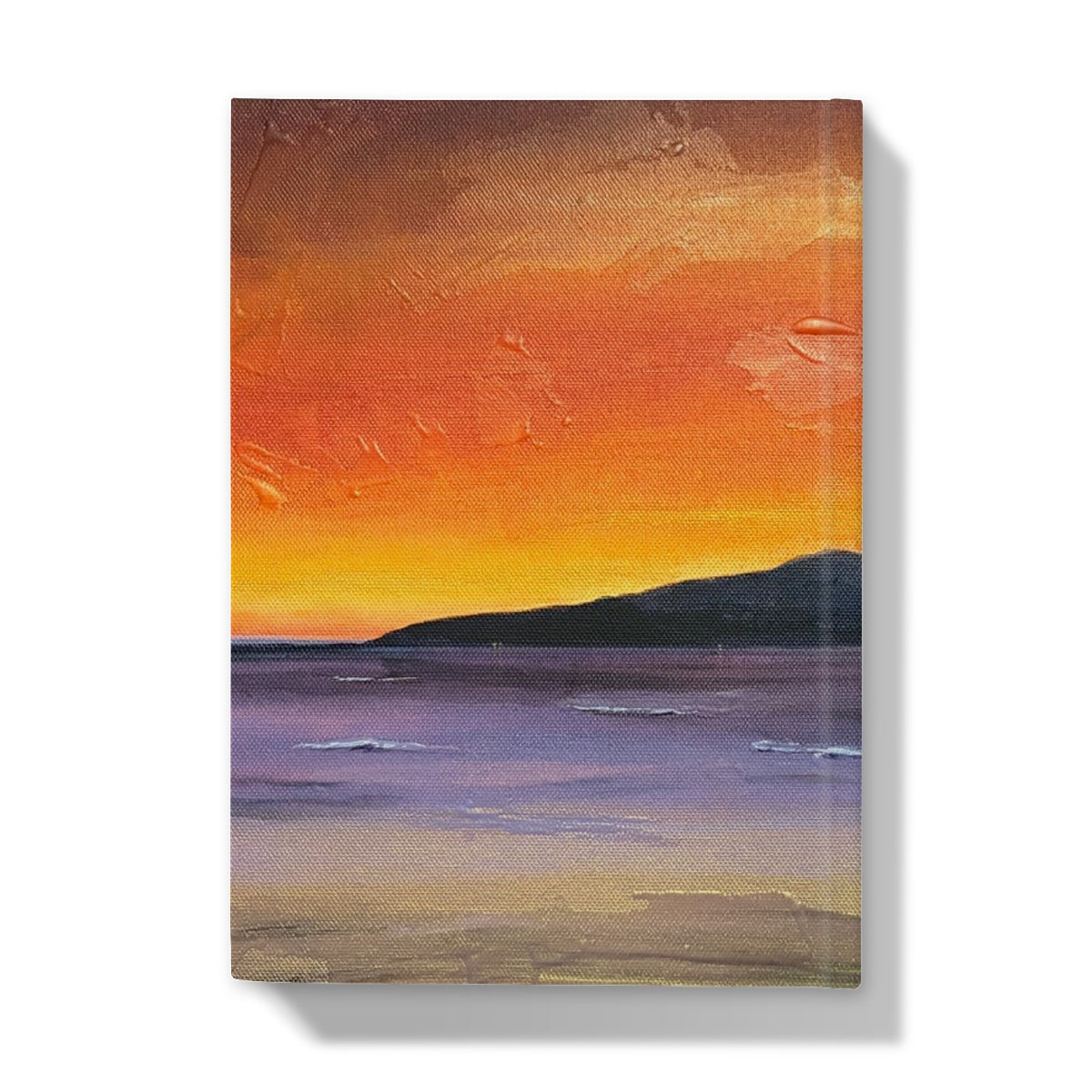 Arran embers hardback journal with textured canvas cover featuring vibrant orange yellow and purple sunset over water