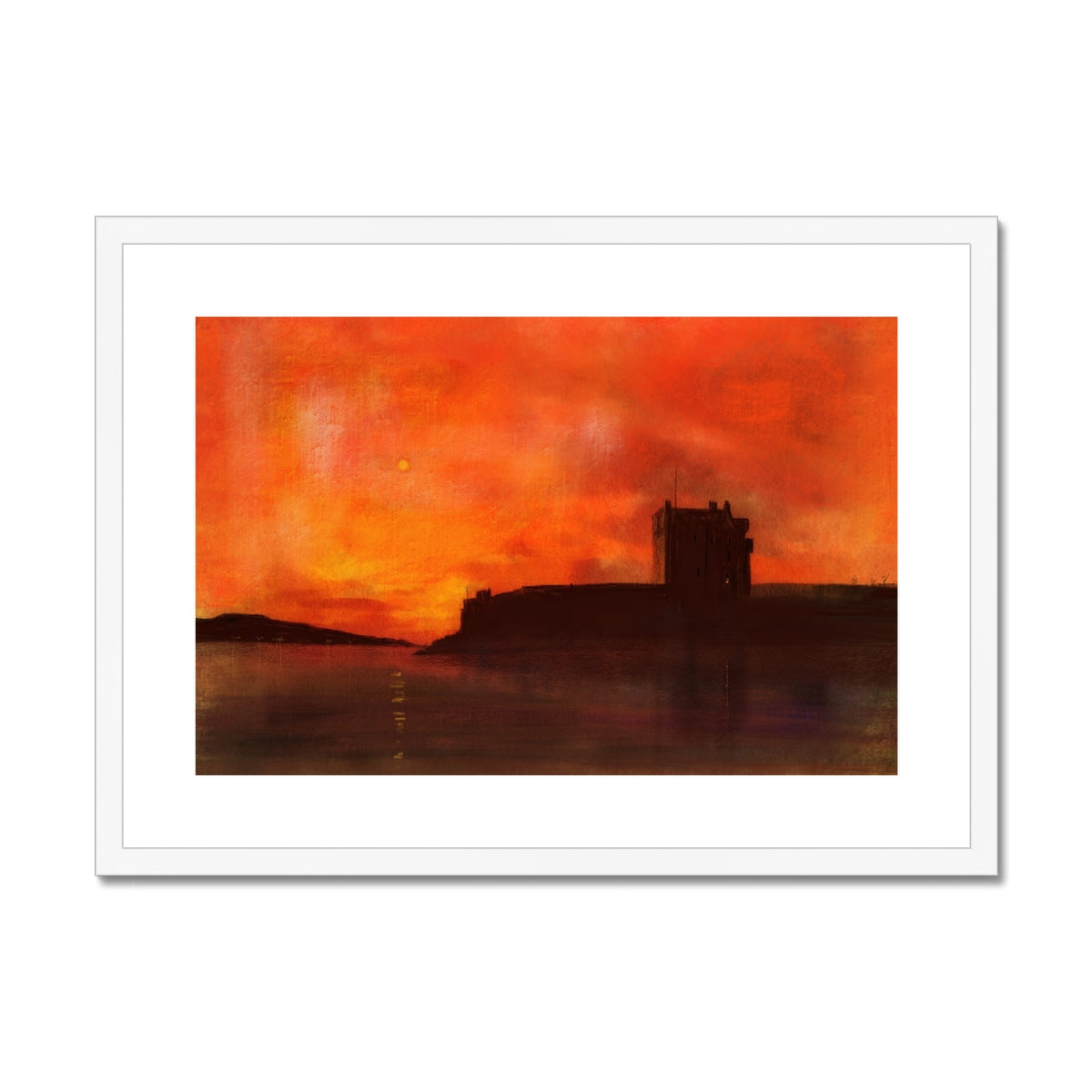 Broughty Castle sunset framed print with orange red silhouette