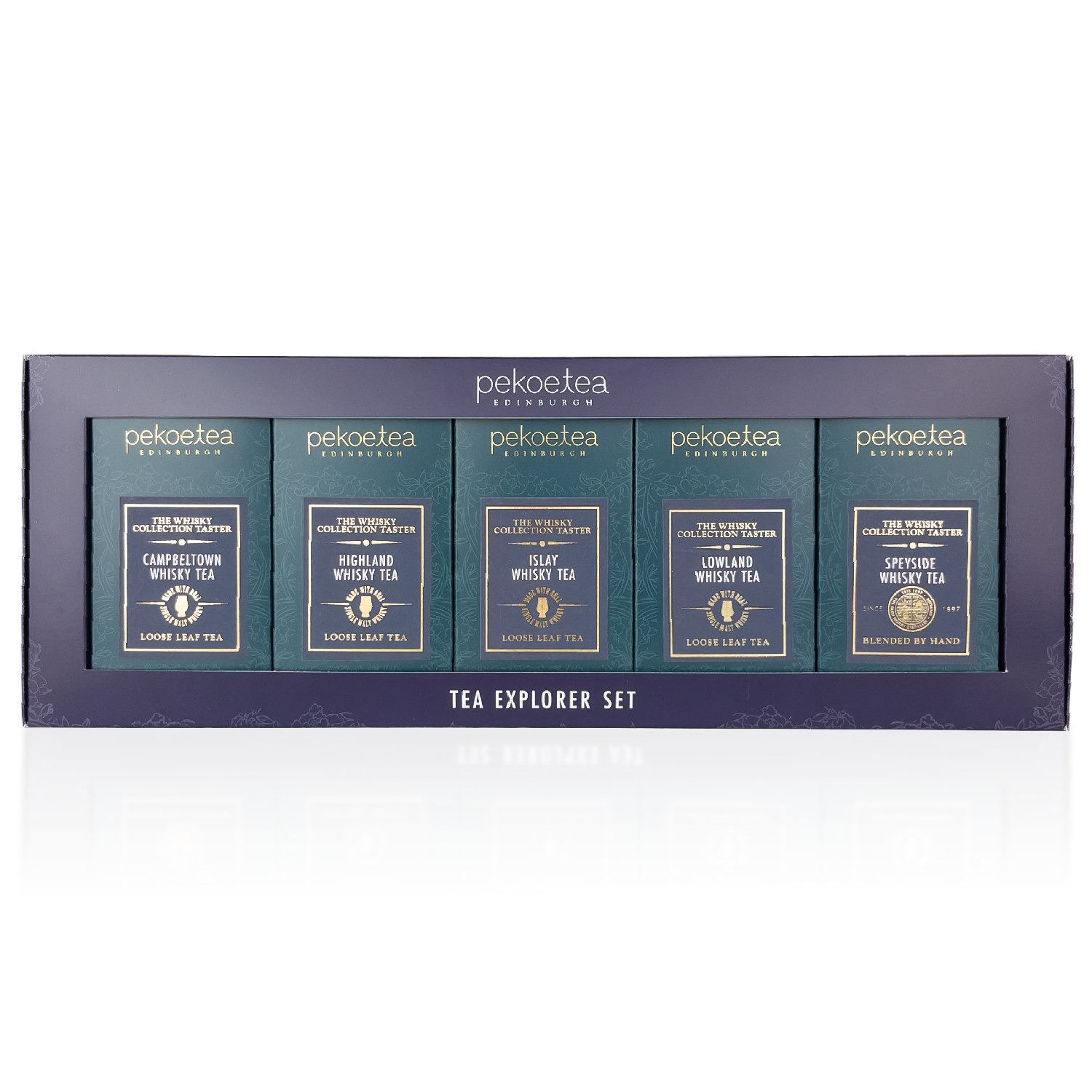 Whisky Tea Collection Explorer Set: dark teal boxes with gold foil whisky flavors