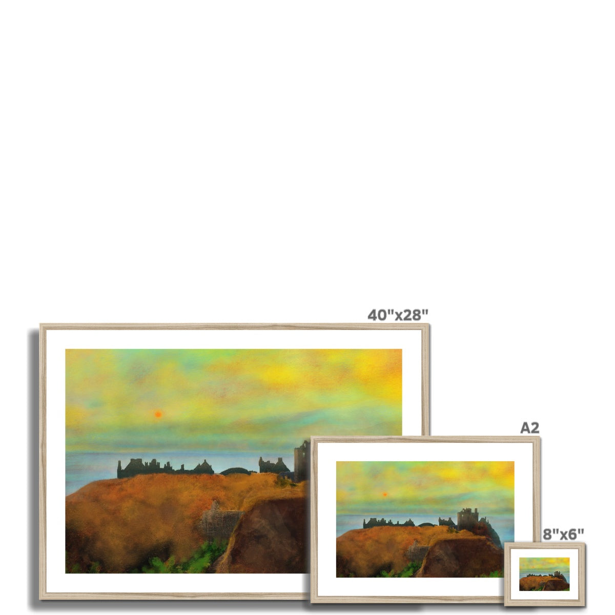 Dunnottar Castle Dusk framed art print with rolling hills, golden hue, blue sky