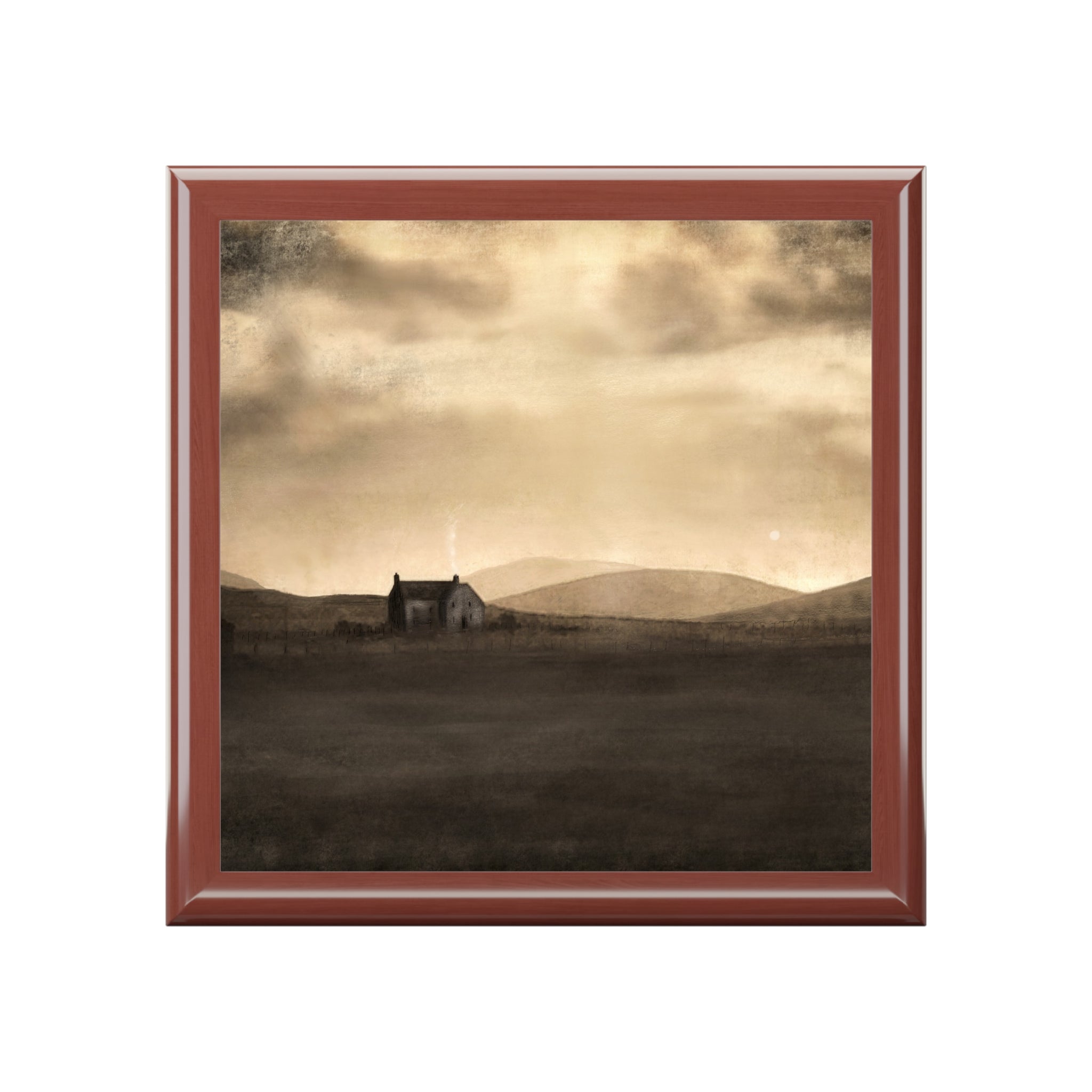 Brown wooden framed ceramic tile coaster with sepia-toned moonlit Scottish croft landscape