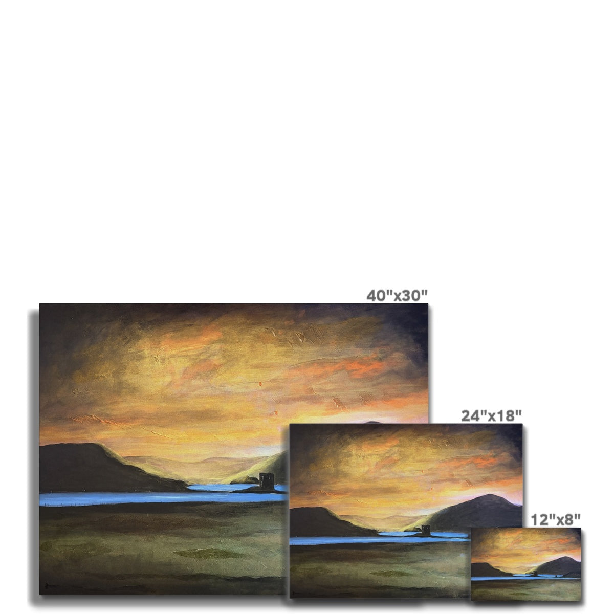 Castle Stalker Glow Canvas Prints: 3 framed sunset landscapes, 40x30, 24x18, 12x8 inches