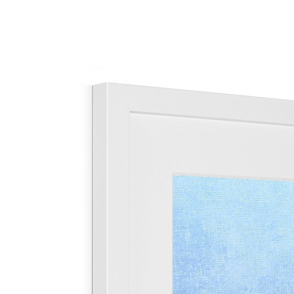 Dunnottar Castle Mist framed print with white frame and blue textured art