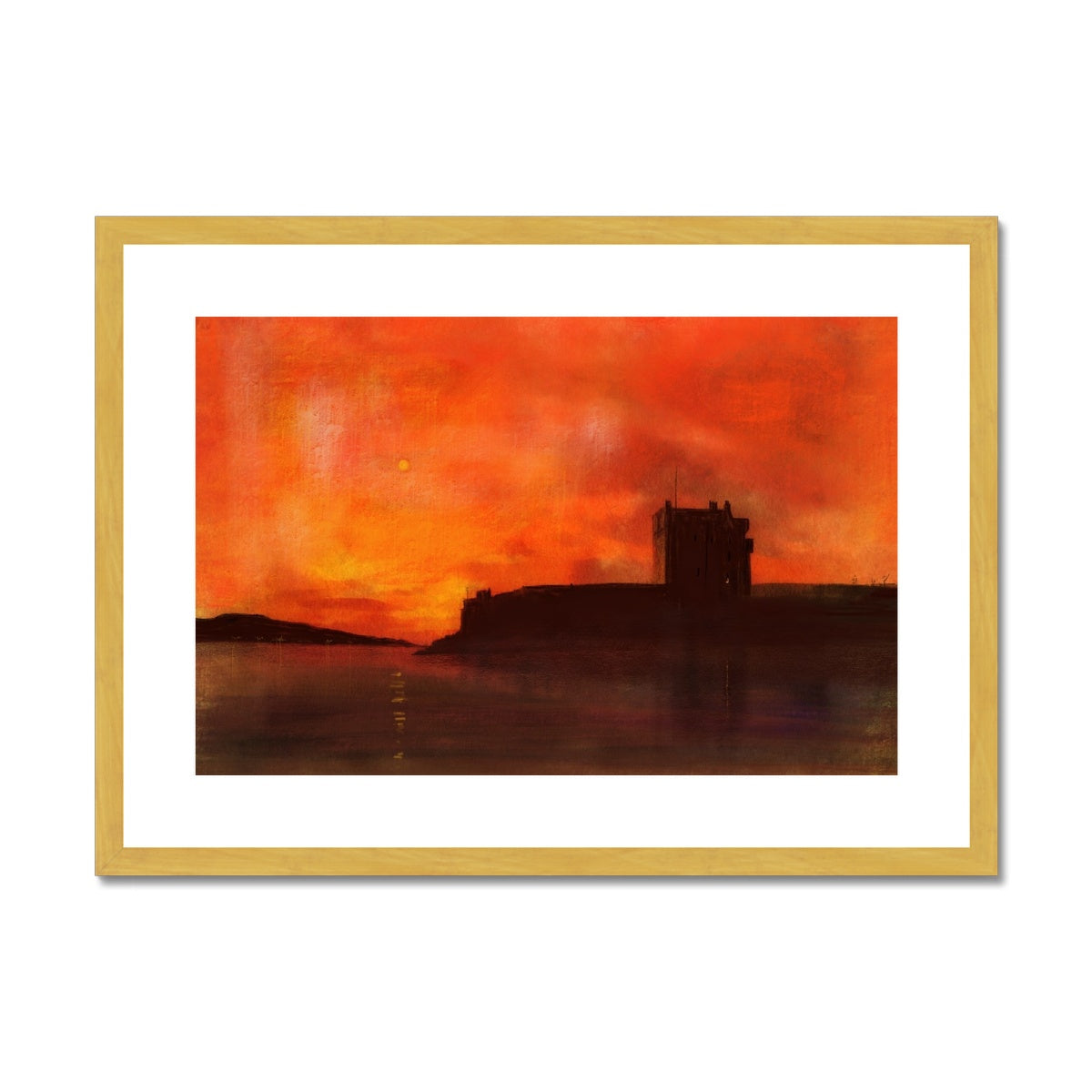 Broughty Castle Sunset Painting | Antique Framed & Mounted Prints From Scotland-Antique Framed & Mounted Prints-Historic & Iconic Scotland Art Gallery-A2 Landscape-Gold Frame-Paintings, Prints, Homeware, Art Gifts From Scotland By Scottish Artist Kevin Hunter