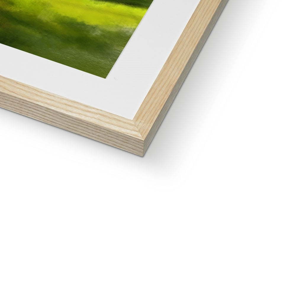 Dirleton Castle and Gardens framed print with light wood frame, white mat, and green grass image