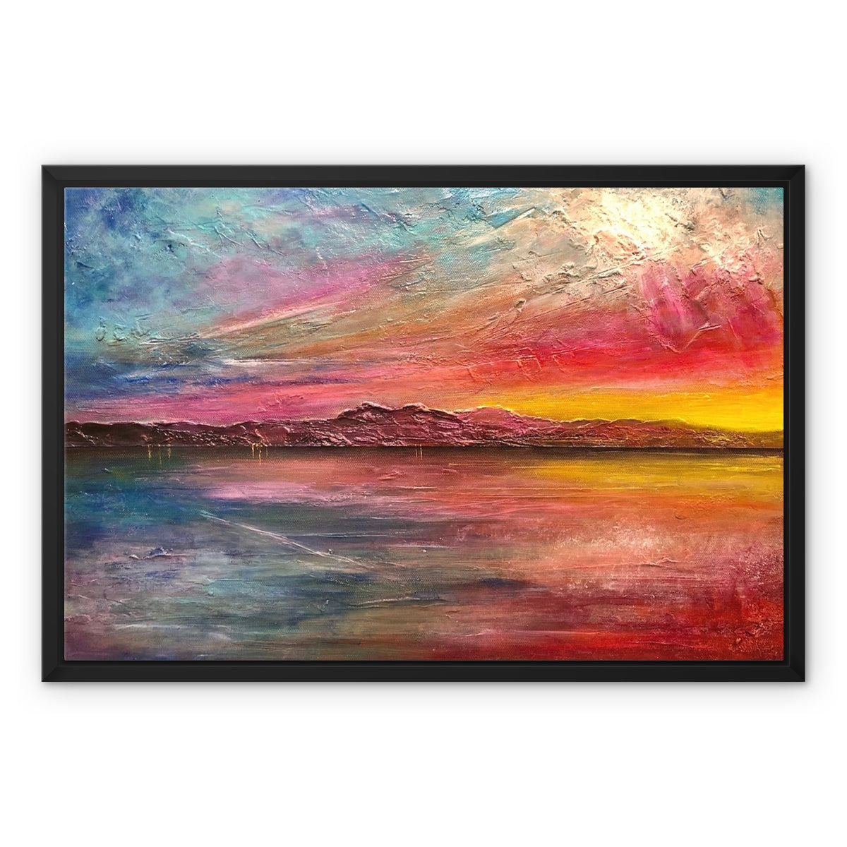 Arran Sunset ii Painting | Framed Canvas From Scotland-Floating Framed Canvas Prints-Arran Art Gallery-24"x18"-Black Frame-Paintings, Prints, Homeware, Art Gifts From Scotland By Scottish Artist Kevin Hunter