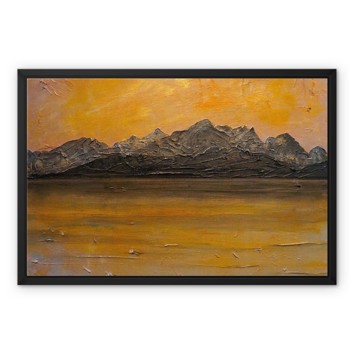 Cuillin Sunset Skye Painting | Framed Canvas From Scotland-Floating Framed Canvas Prints-Skye Art Gallery-24"x18"-Black Frame-Paintings, Prints, Homeware, Art Gifts From Scotland By Scottish Artist Kevin Hunter
