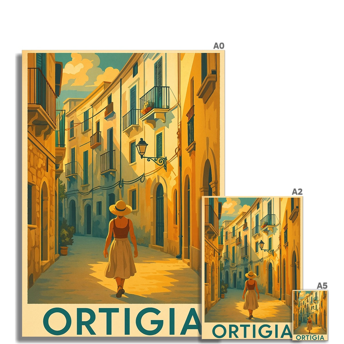 Vintage-style ortigia fine art print of a woman in a straw hat and beige dress walking down a sunlit narrow street