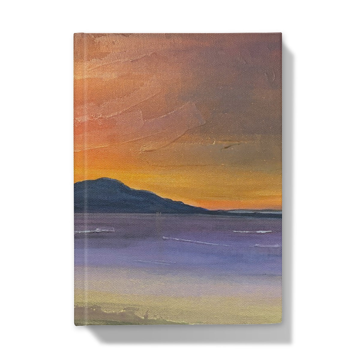 Rectangular hardback journal featuring a textured impressionistic sunset painting in warm orange and purple hues titled arran embers