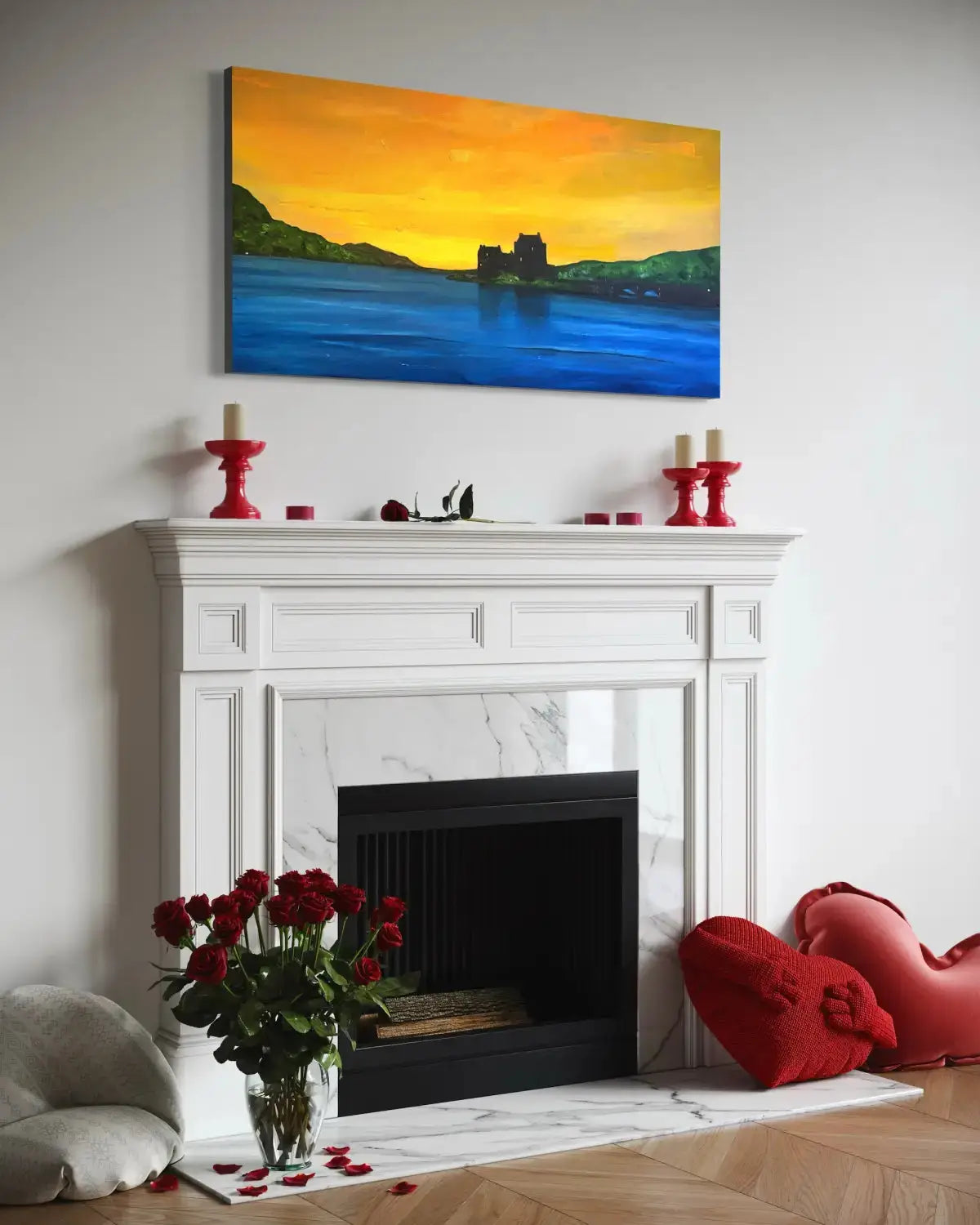 Vibrant orange and yellow sunset landscape painting by Andy Ware above white fireplace mantel