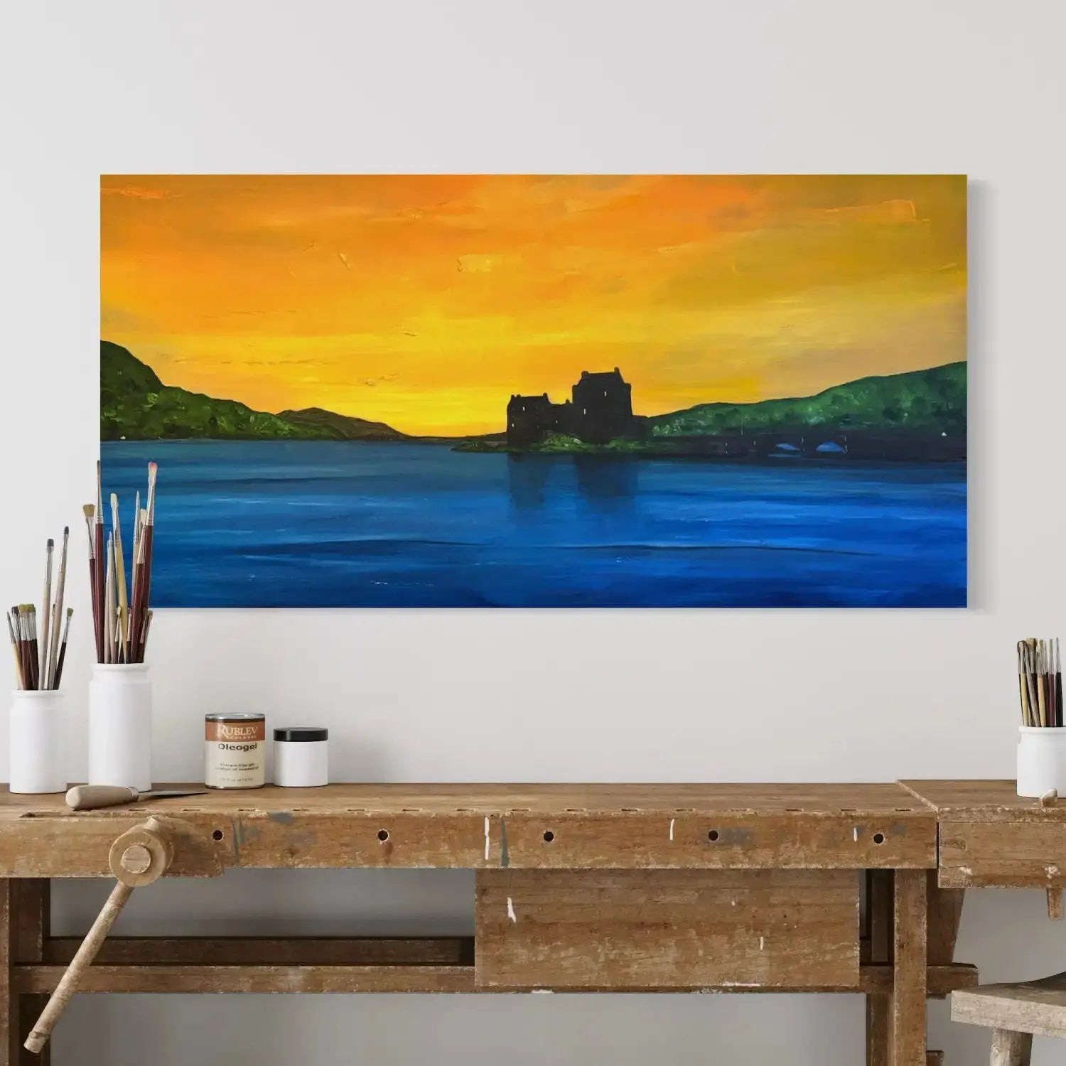 Andy Ware original vibrant oil painting of castle silhouette at sunset