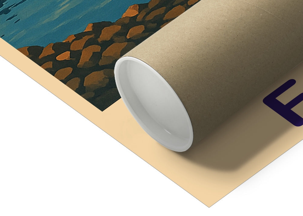 A rolled poster tube resting on a partially unrolled art print featuring a rocky landscape and water.