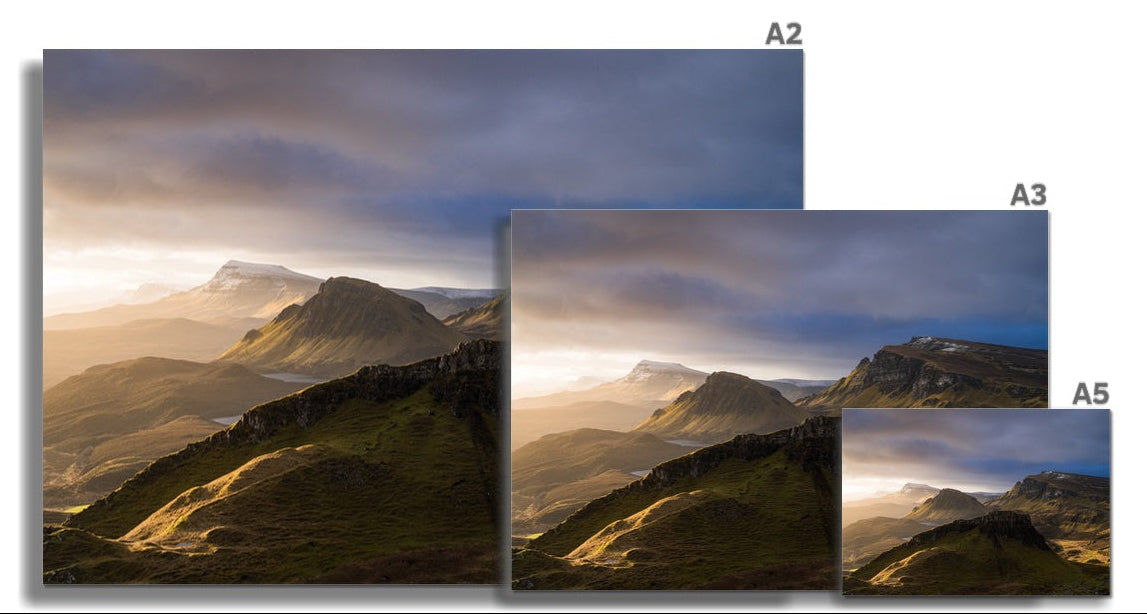 Mountain landscape with rolling hills under a dramatic sky, showcasing varying light and shadow effects in three image sizes.