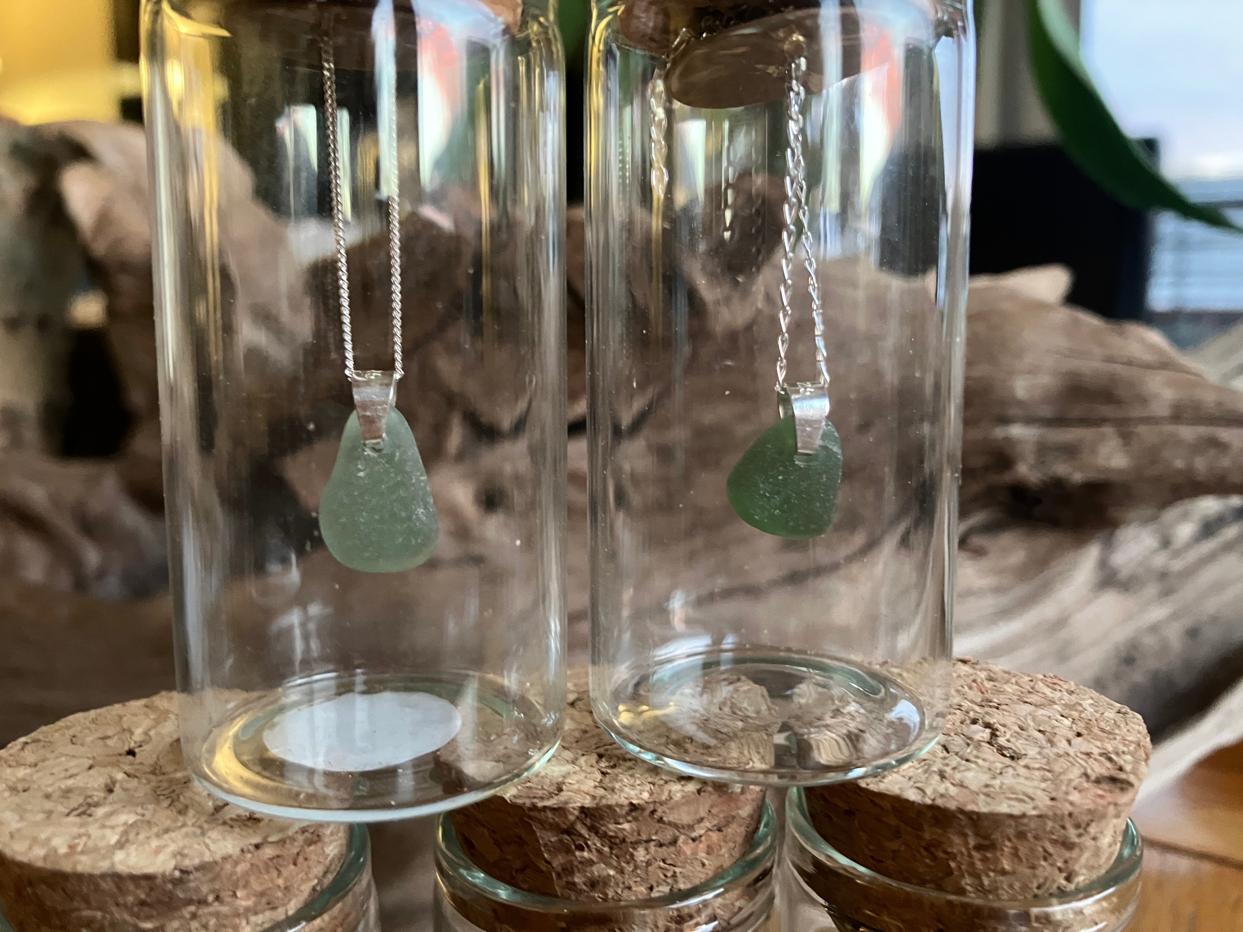 Sea glass necklace in cork-stoppered vials, Seaglass Mermaids Tears 925