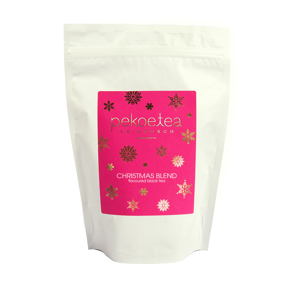 Pekoe Tea Edinburgh Christmas Blend pink label on white pouch