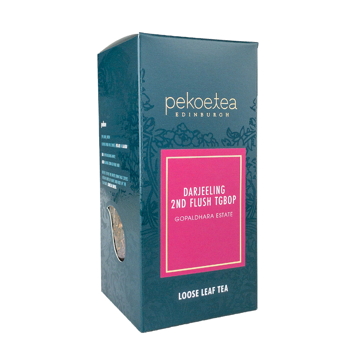 Tea box with dark teal exterior and pink label featuring white text branded peko tea edinburgh for Gopaldhara TGBOP second flush Darjeeling