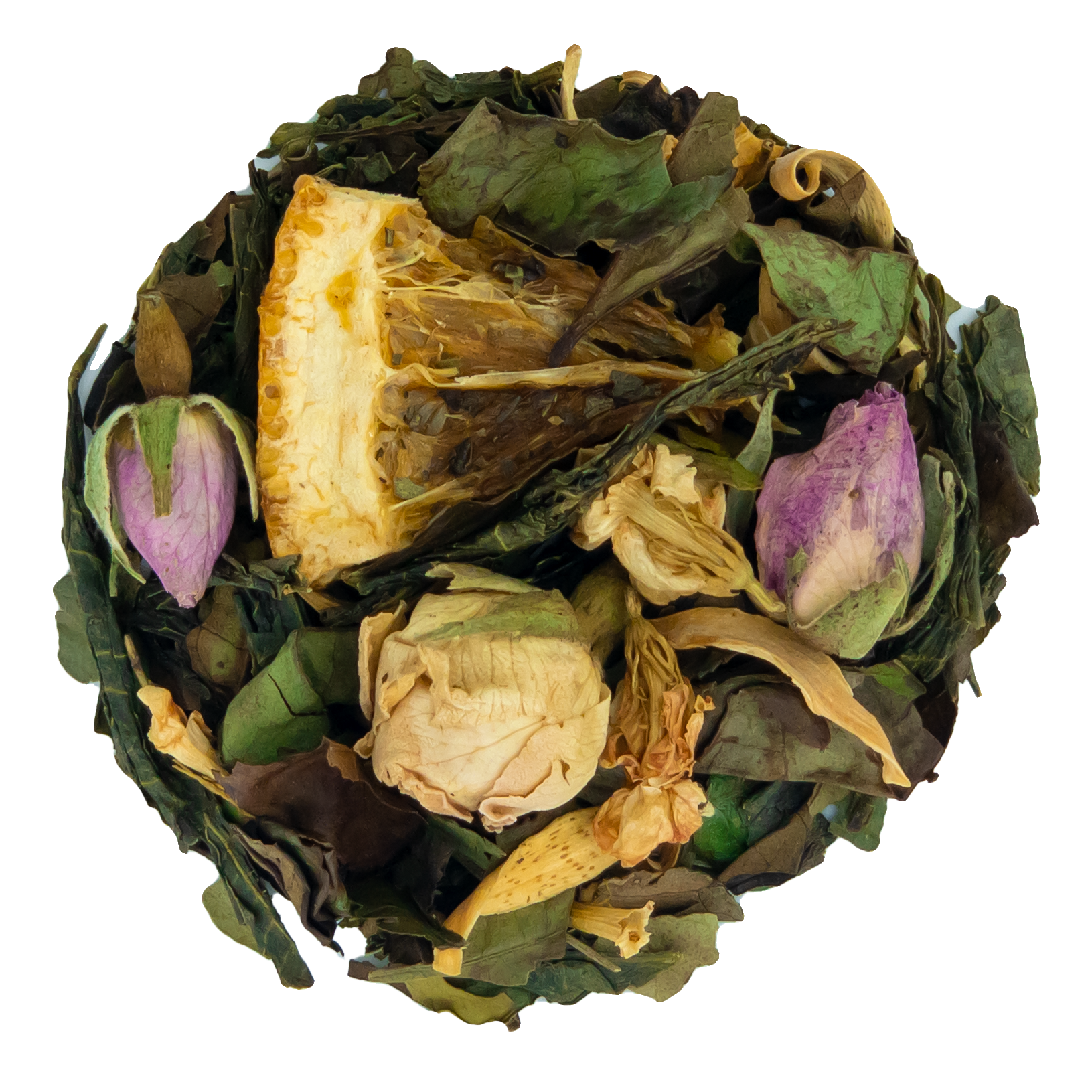 The orangery herbal tea blend arranged in a circle with green leaves purple rose petals and a citrus slice