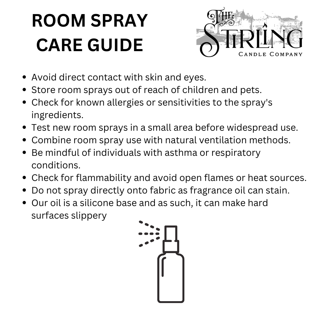 Black text on a white background outlines safety tips for using room spray, with an illustration of a spray bottle.