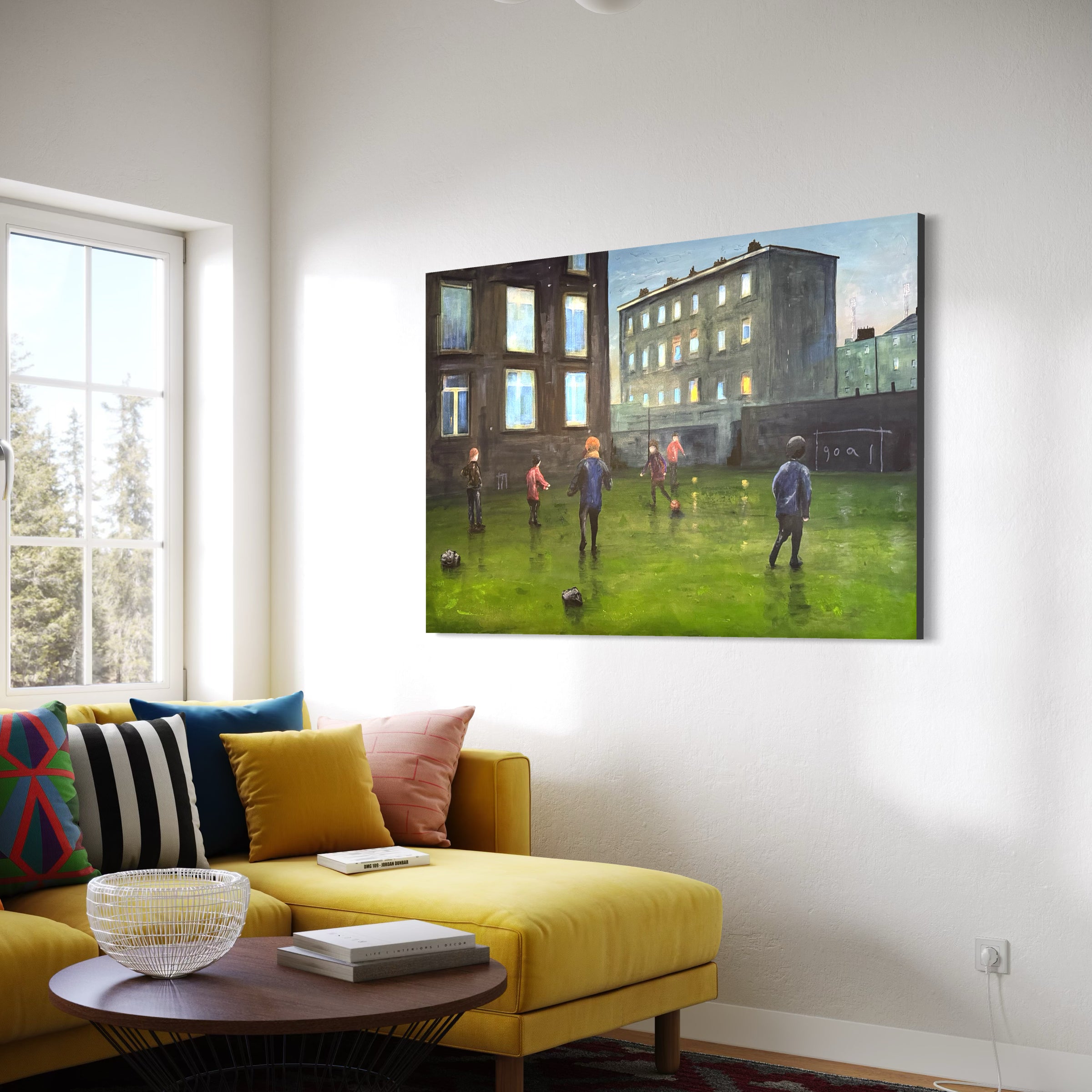 Yellow striped pillow couch in modern Scottish Time wall art design