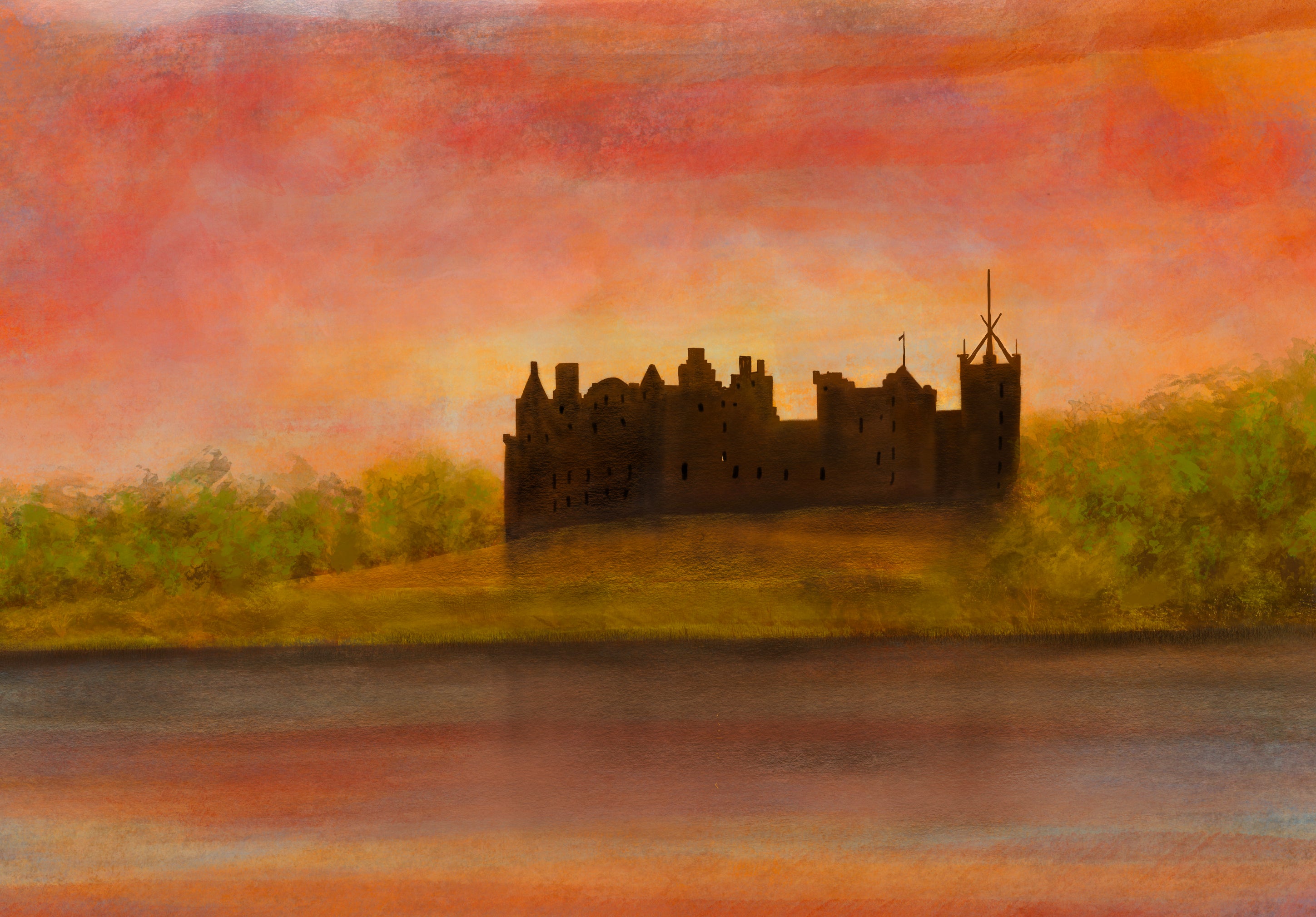 Silhouette of Linlithgow Palace at sunset in Scottish landscape painting
