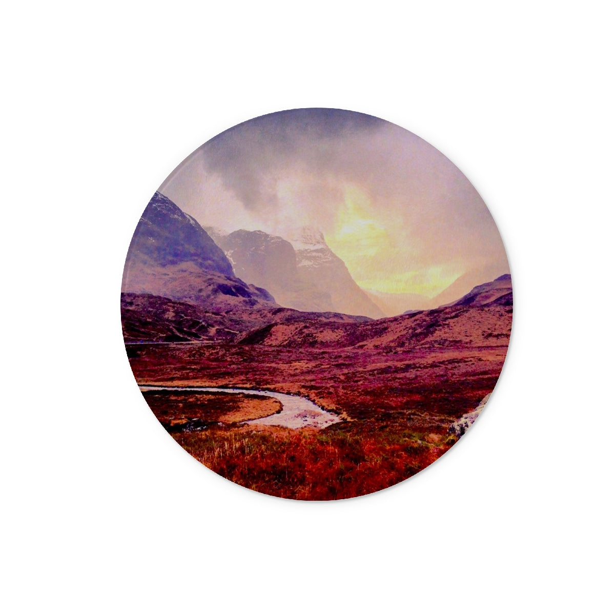 A Brooding Glencoe Art Gifts Glass Chopping Board-Glass Chopping Boards-Glencoe Art Gallery-12" Round-Paintings, Prints, Homeware, Art Gifts From Scotland By Scottish Artist Kevin Hunter