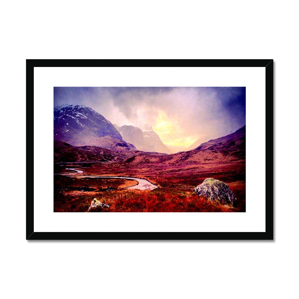 A Brooding Glencoe Painting | Framed & Mounted Prints From Scotland-Framed & Mounted Prints-Glencoe Art Gallery-A2 Landscape-Black Frame-Paintings, Prints, Homeware, Art Gifts From Scotland By Scottish Artist Kevin Hunter