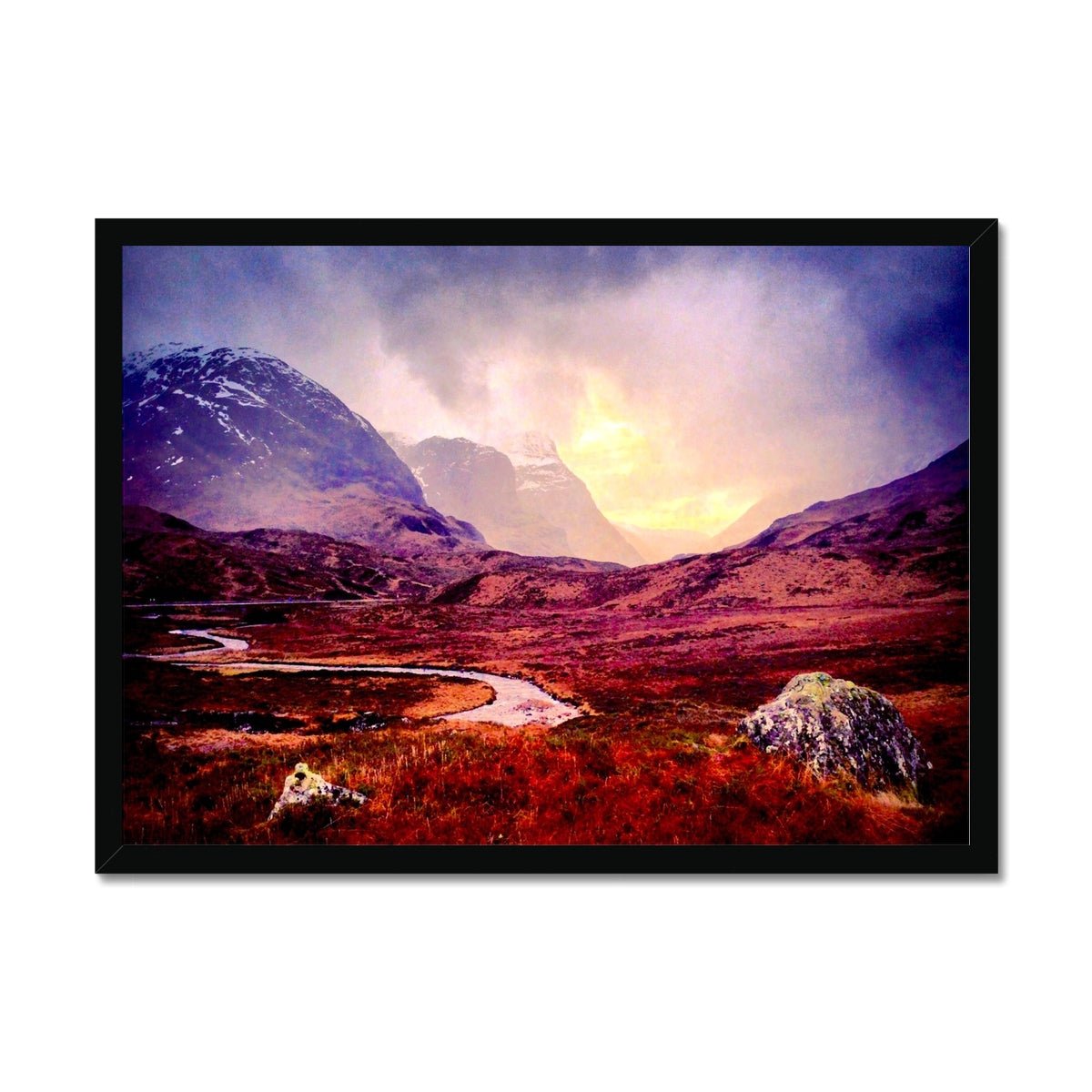 A Brooding Glencoe Painting | Framed Prints From Scotland-Framed Prints-Glencoe Art Gallery-A2 Landscape-Black Frame-Paintings, Prints, Homeware, Art Gifts From Scotland By Scottish Artist Kevin Hunter