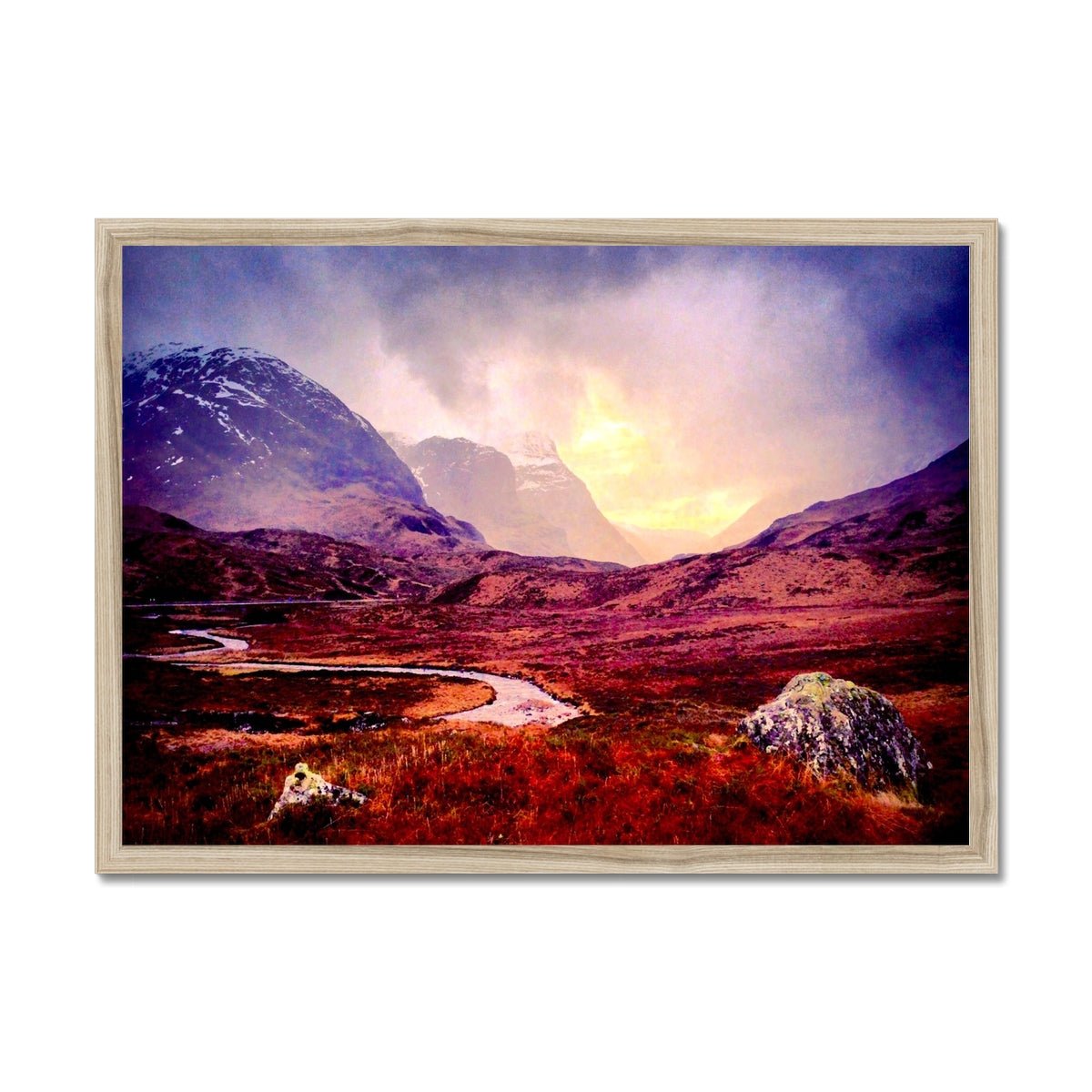 A Brooding Glencoe Painting | Framed Prints From Scotland-Framed Prints-Glencoe Art Gallery-A2 Landscape-Natural Frame-Paintings, Prints, Homeware, Art Gifts From Scotland By Scottish Artist Kevin Hunter