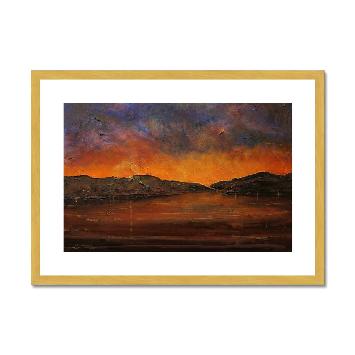 A Brooding River Clyde Dusk Painting | Antique Framed & Mounted Prints From Scotland-Antique Framed & Mounted Prints-River Clyde Art Gallery-A2 Landscape-Gold Frame-Paintings, Prints, Homeware, Art Gifts From Scotland By Scottish Artist Kevin Hunter