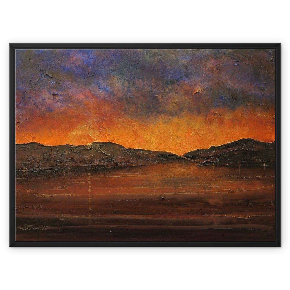 A Brooding River Clyde Dusk Painting | Framed Canvas From Scotland-Floating Framed Canvas Prints-River Clyde Art Gallery-32"x24"-Black Frame-Paintings, Prints, Homeware, Art Gifts From Scotland By Scottish Artist Kevin Hunter