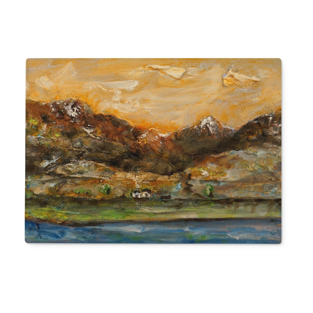 A Glencoe Cottage Art Gifts Glass Chopping Board-Glass Chopping Boards-Glencoe Art Gallery-15"x11" Rectangular-Paintings, Prints, Homeware, Art Gifts From Scotland By Scottish Artist Kevin Hunter