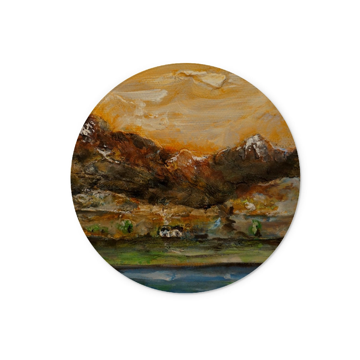 A Glencoe Cottage Art Gifts Glass Chopping Board-Glass Chopping Boards-Glencoe Art Gallery-12" Round-Paintings, Prints, Homeware, Art Gifts From Scotland By Scottish Artist Kevin Hunter