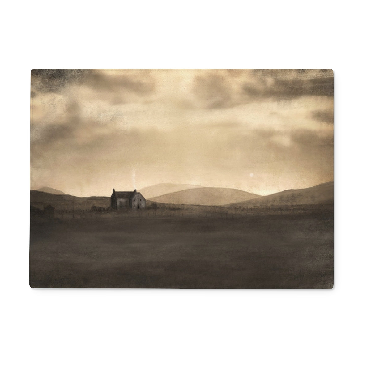 A Moonlit Croft Art Gifts Glass Chopping Board-Glass Chopping Boards-Hebridean Islands Art Gallery-15"x11" Rectangular-Paintings, Prints, Homeware, Art Gifts From Scotland By Scottish Artist Kevin Hunter