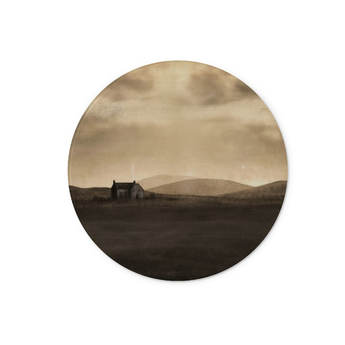A Moonlit Croft Art Gifts Glass Chopping Board-Glass Chopping Boards-Hebridean Islands Art Gallery-12" Round-Paintings, Prints, Homeware, Art Gifts From Scotland By Scottish Artist Kevin Hunter
