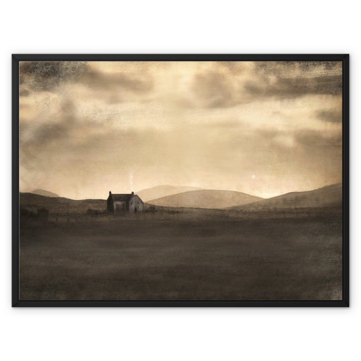 A Moonlit Croft Painting | Framed Canvas-Floating Framed Canvas Prints-Hebridean Islands Art Gallery-32"x24"-Black Frame-Paintings, Prints, Homeware, Art Gifts From Scotland By Scottish Artist Kevin Hunter