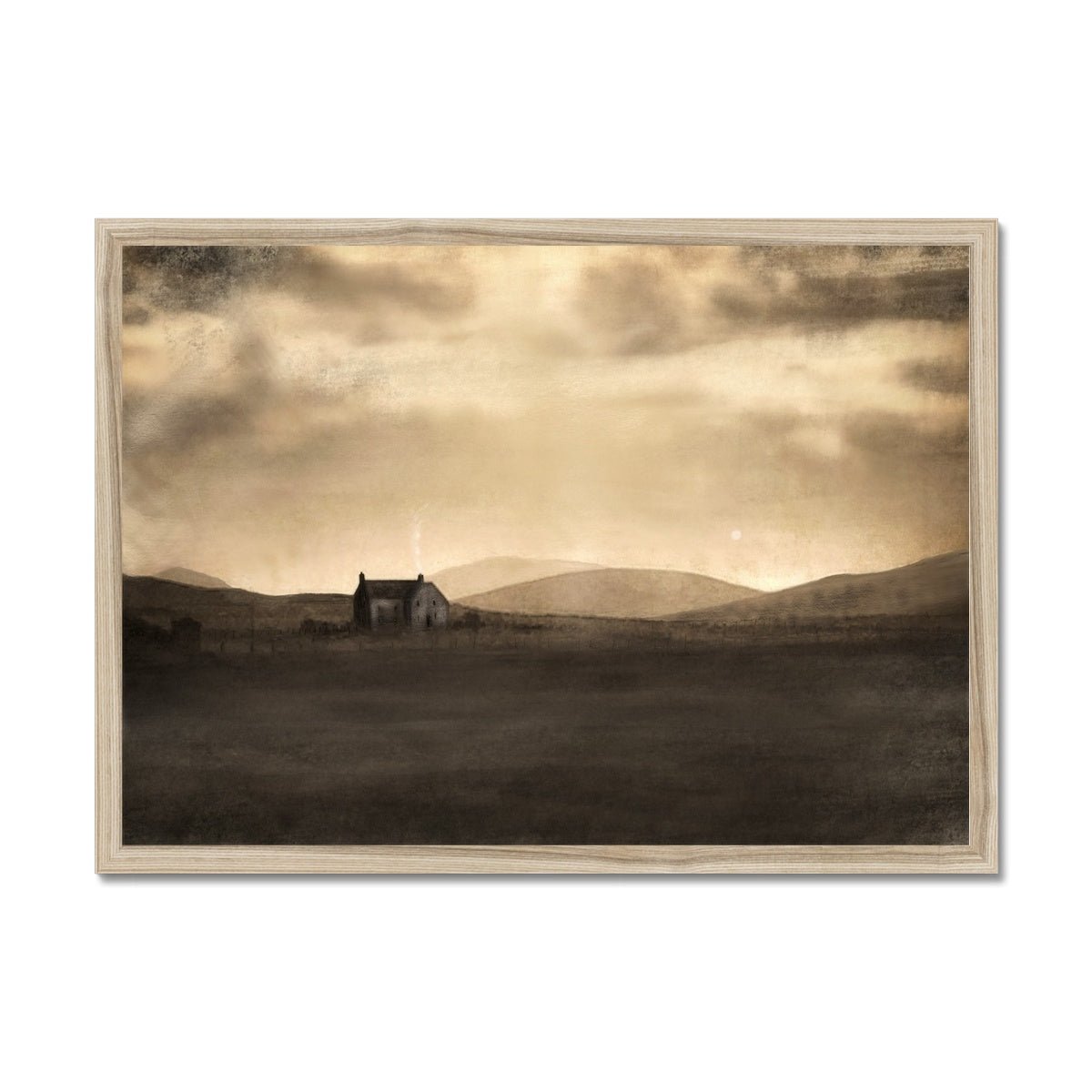 A Moonlit Croft Painting | Framed Prints From Scotland-Framed Prints-Hebridean Islands Art Gallery-A2 Landscape-Natural Frame-Paintings, Prints, Homeware, Art Gifts From Scotland By Scottish Artist Kevin Hunter