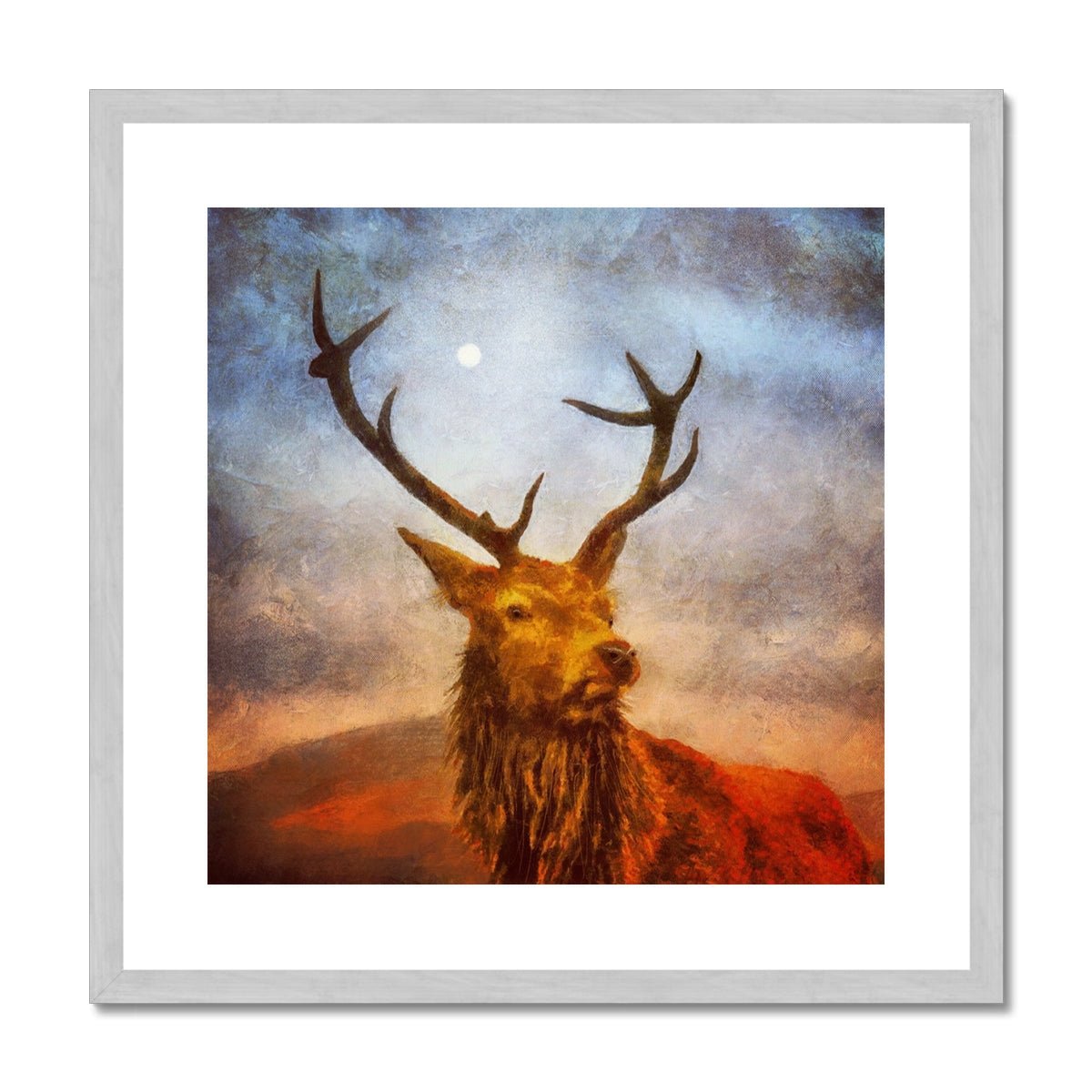 A Moonlit Highland Stag Painting | Antique Framed & Mounted Prints From Scotland-Antique Framed & Mounted Prints-Scottish Highlands & Lowlands Art Gallery-20"x20"-Silver Frame-Paintings, Prints, Homeware, Art Gifts From Scotland By Scottish Artist Kevin Hunter