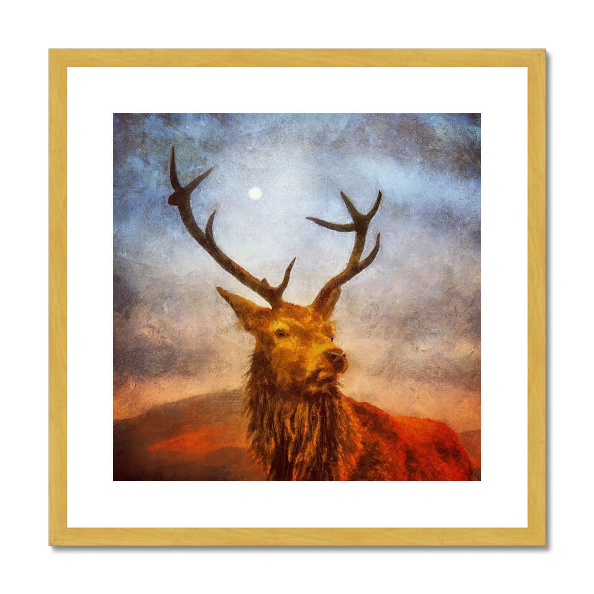 A Moonlit Highland Stag Painting | Antique Framed & Mounted Prints From Scotland-Antique Framed & Mounted Prints-Scottish Highlands & Lowlands Art Gallery-20"x20"-Gold Frame-Paintings, Prints, Homeware, Art Gifts From Scotland By Scottish Artist Kevin Hunter